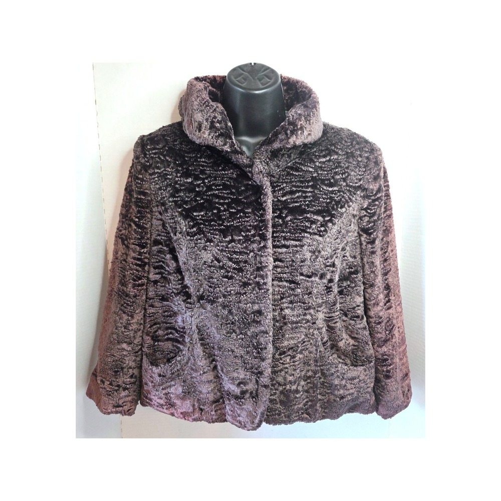 Kate Hill Faux Curly Lamb Jacket Plum Cropped Textured Collar Snap Front SZ 4